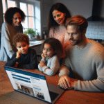 Norsk familie med laptop på kjøkkenbordet som vurderer lån, skjerm viser bankens nettside, rolig og profesjonell stemning