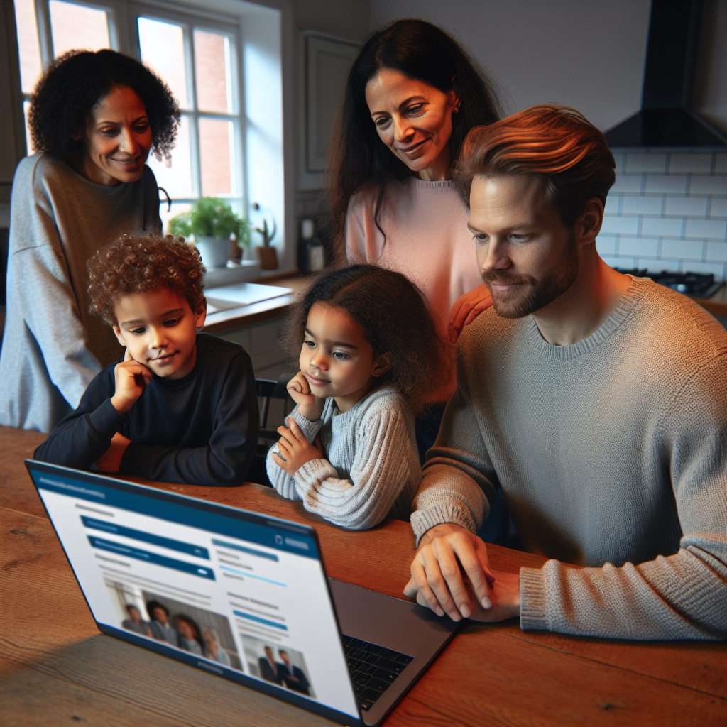 Norsk familie med laptop på kjøkkenbordet som vurderer lån, skjerm viser bankens nettside, rolig og profesjonell stemning