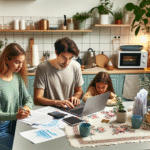 Norsk familie eller ung voksen som planlegger økonomi ved kjøkkenbordet med laptop, kalkulator og papirer, moderne lys interiør, rolig fargepalett
