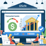 Moderne illustrasjon av nettbasert sammenligning av forbrukslån, skjerm med grafer, Zmarta-logo subtilt i bakgrunnen, norsk banktema, flat design
