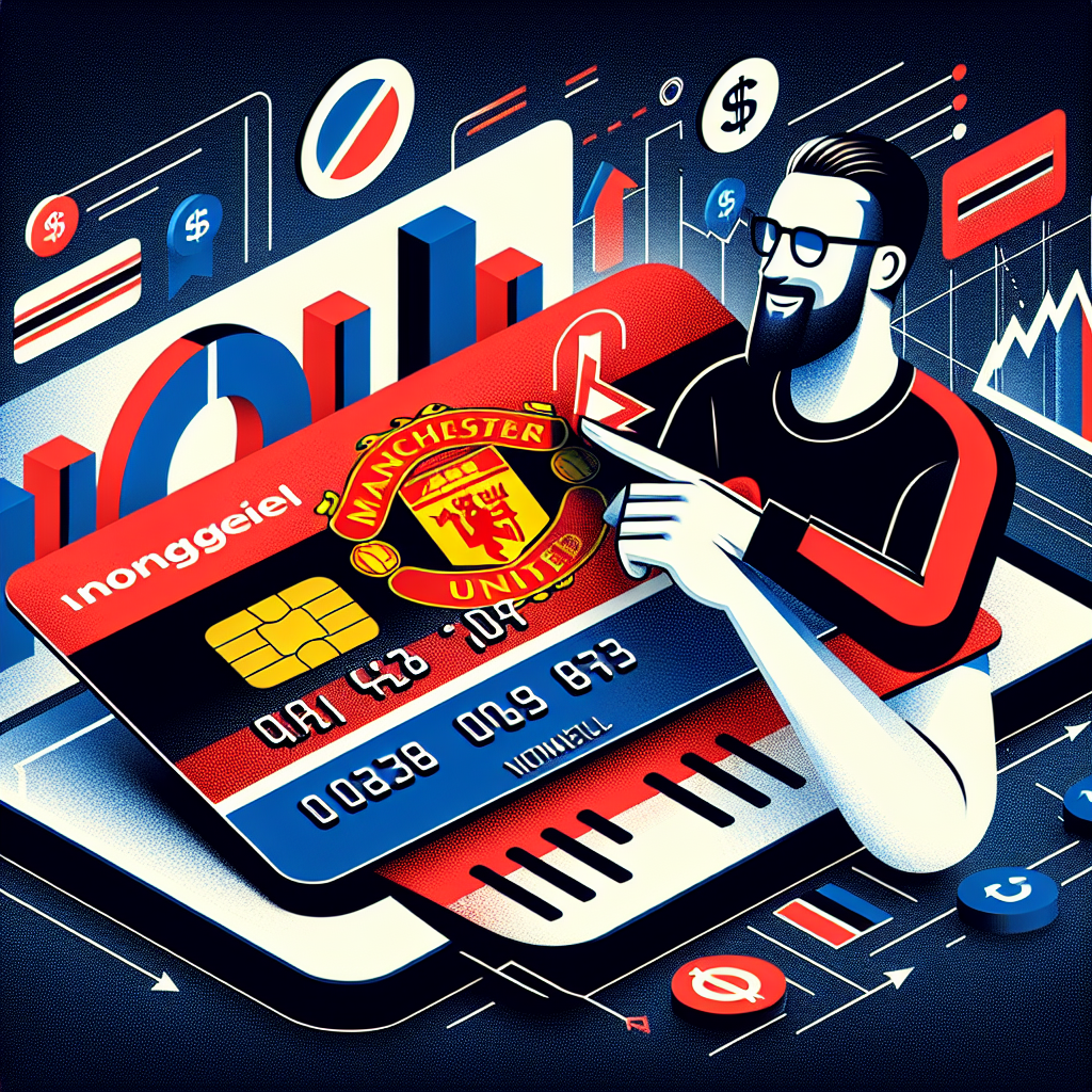 Norsk supporter som planlegger kampreise med Manchester United Visa-kort, kombinasjon av klubbfarger og økonomiske elementer, moderne og profesjonell stil