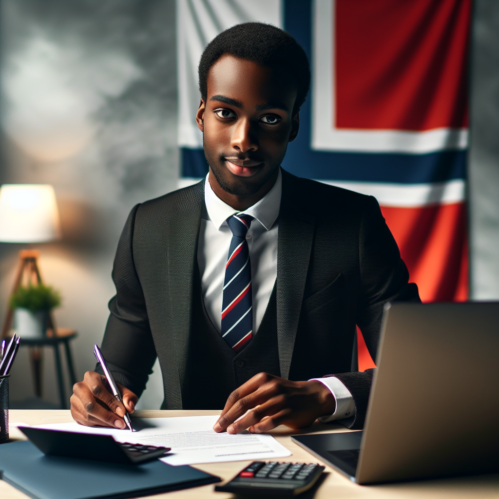 Profesjonelt foto av en norsk økonomisk rådgiver ved et skrivebord med laptop, dokumenter og kalkulator, dempet lys og norske farger i bakgrunnen, moderne og tillitvekkende